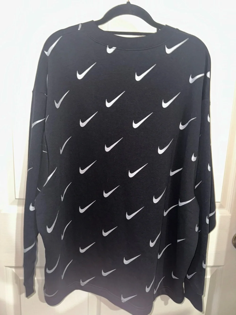 Nike Black Crewneck with Repeated White Swoosh Pattern NWOT L athleisure gym
